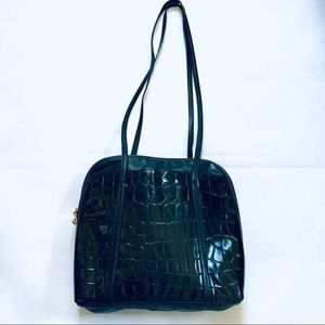 Croc Embossed Black Leather Shoulder Bag